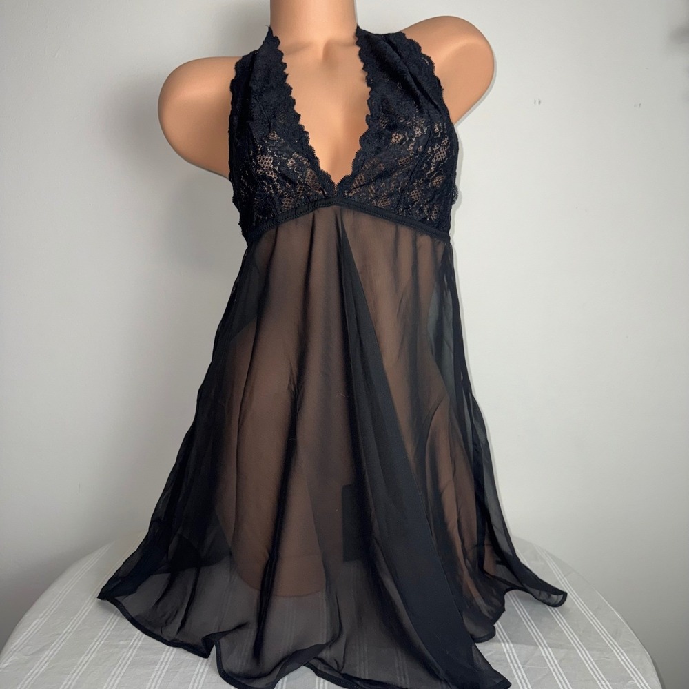 Cosabella Black Lace Mesh Halter Babydoll Chemise Lingerie Size Large